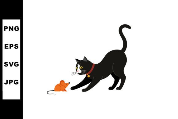 Black Cat Playing with Orange Mouse Vect