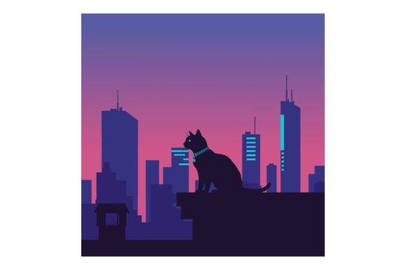 Black Cat Silhouette Wearing Collar Sitt