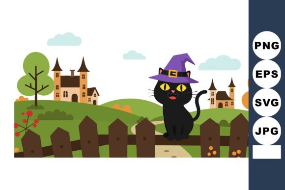 Black Cat Wearing Witch Hat in Countrysi