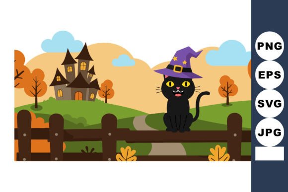 Black Cat Wearing Witch Hat on Fence