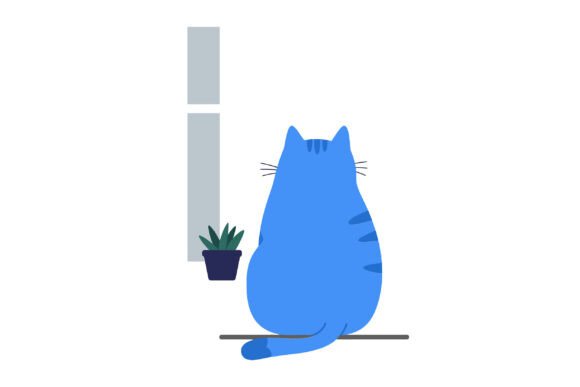Blue Cat Sitting by Window Looking at Plant
