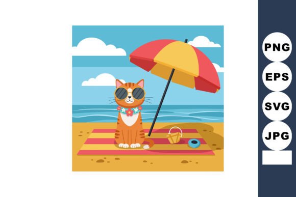 Cat Relaxing on Beach Towel Under Red