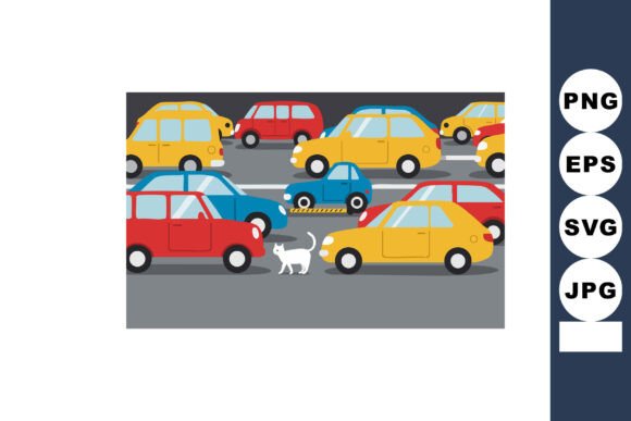 Colorful Cars Traffic Jam with White Cat