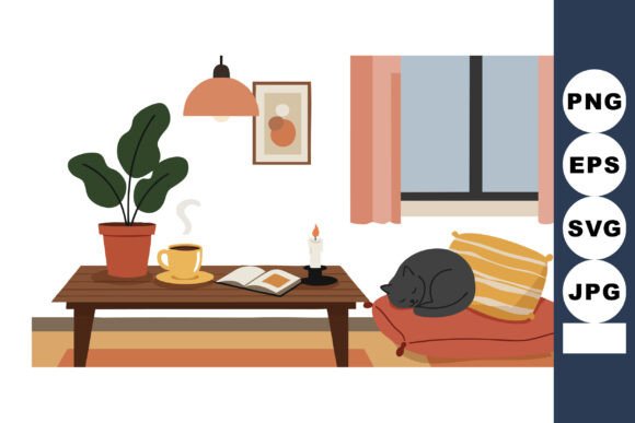 Cozy Living Room Scene with Cat Sleeping