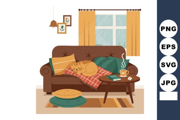 Cozy Living Room with Sleeping Cat on Sofa