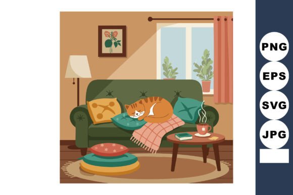 Cozy Living Room with Sleeping Orange Cat