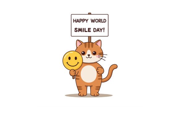 Cute Cartoon Cat Holding a Smiley Face S