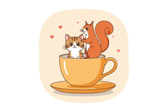 Cute Cat and Squirrel in a Yellow Teacup