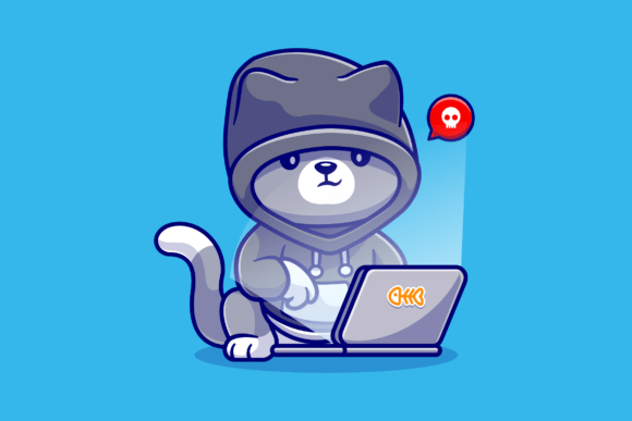Cute Cat Hacker Operating Laptop Cartoon