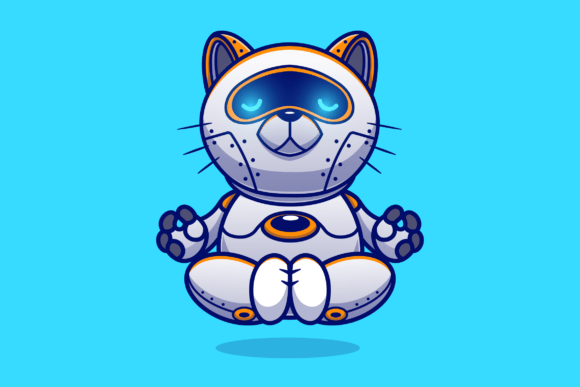 Cute Cat Robot Meditation Yoga Cartoon