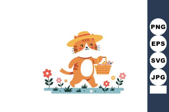 Cute Smiling Cat in Straw Hat Carrying P