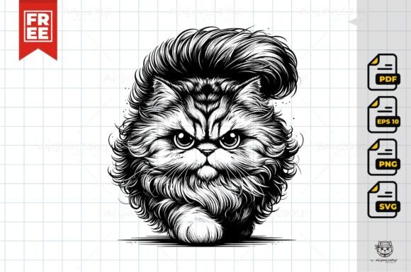 Fluffy Cute Cat Face - Line Art 3