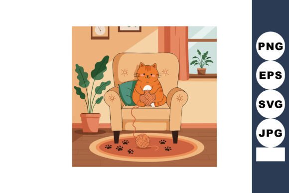 Ginger Cat Sitting on Armchair Playing W