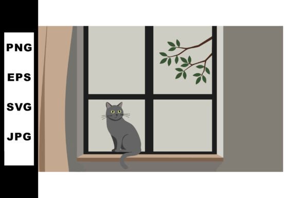 Gray Cat on Windowsill with Bran