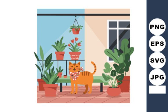 Indoor Orange Cat with Potted Plants