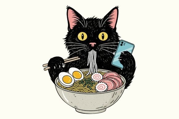 Japanese Noodle Cat T-Shirt Design