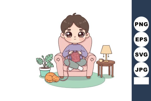 Little Boy Knitting Sweater in Cozy Armchair