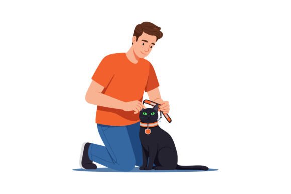 Man Combing Black Cat with Green Eyes