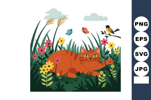 Orange Cat Lying in Flower Garden with B