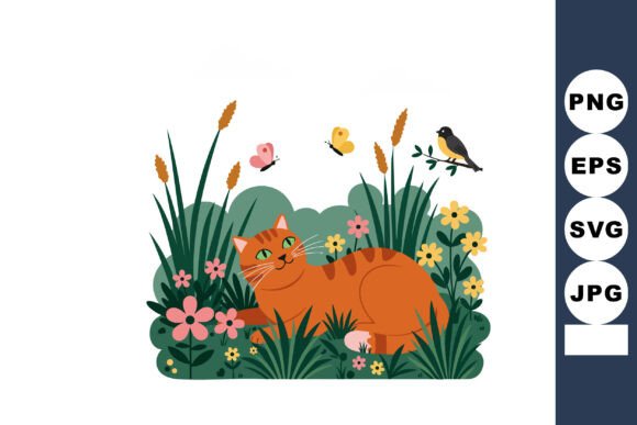 Orange Cat Relaxing in Garden with Flowe