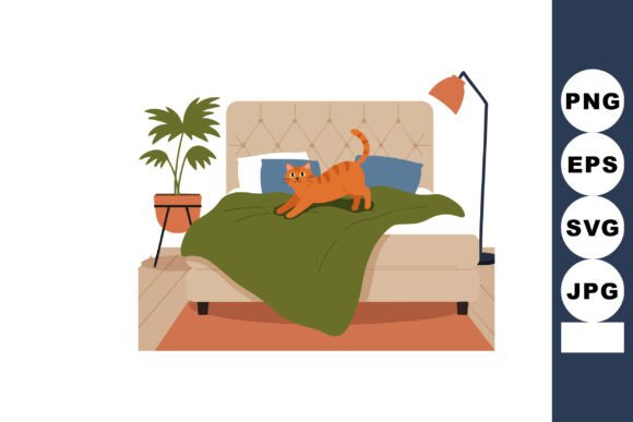Orange Cat Stretching on Bed with Green