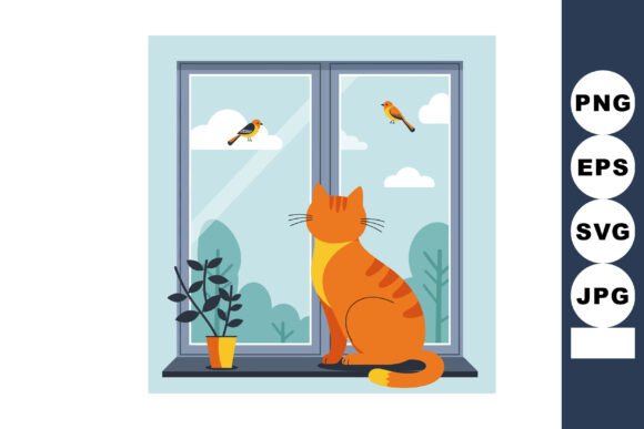 Orange Cat Watching Birds Through Window