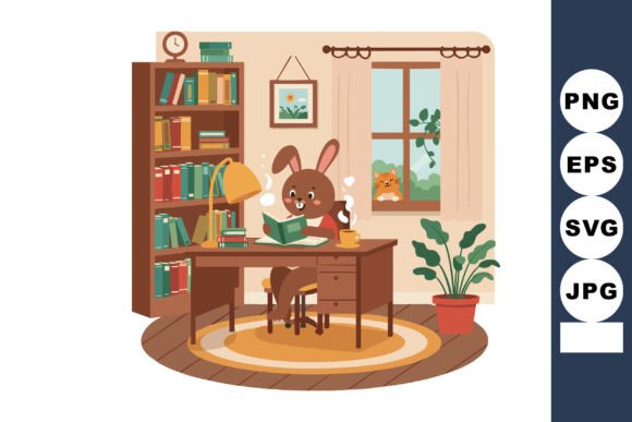 Rabbit Reading Book at Wooden Desk