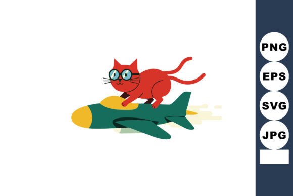 Red Cat Riding Green and Yellow Airplane