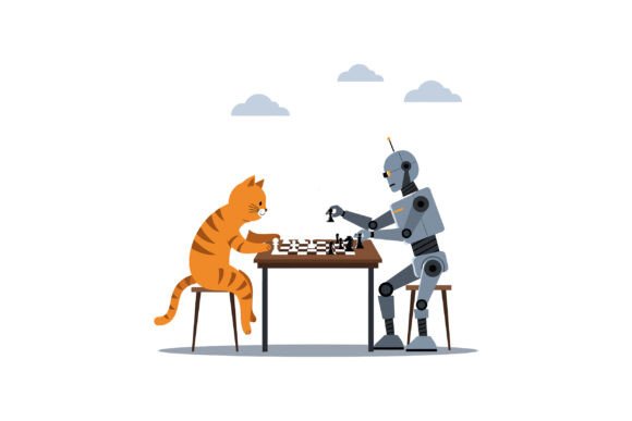 Robot and Orange Tabby Cat Playing Chess