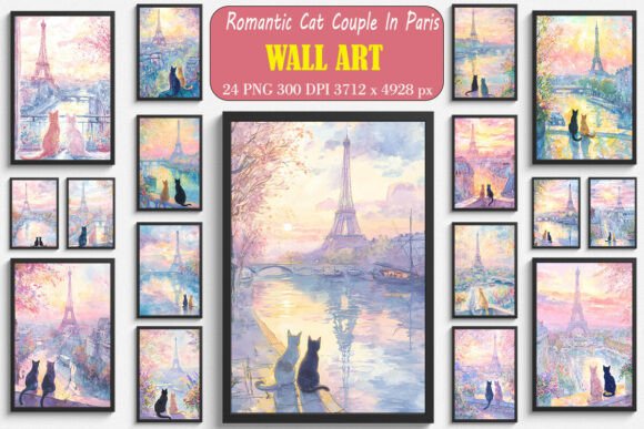 Romantic Cat Couple in Paris Wall Arts