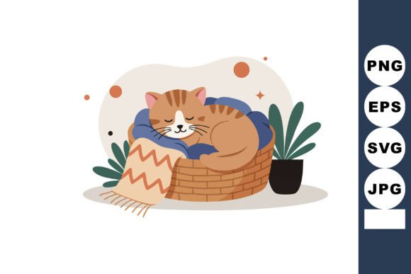 Sleeping Cat in Cozy Basket with Blanket