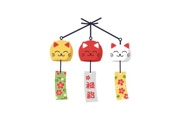 Three Smiling Cat Wind Chimes in Flat De