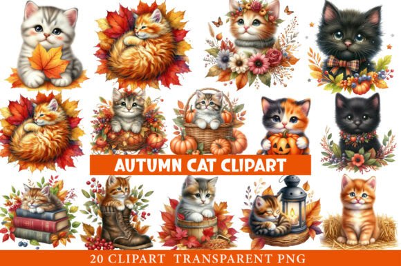 Watercolor Autumn Cat Clipart
