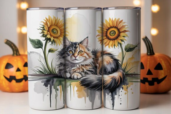 Watercolor Cat Sunflower Tumbler Wrap