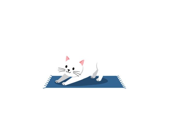 White Cat Stretching on a Blue Rug in FL