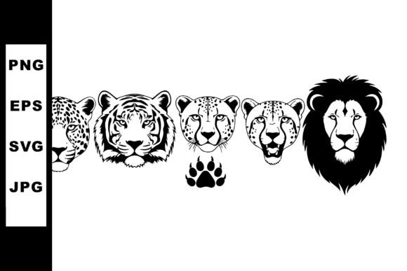Wild Big Cat Heads with Paw Print Silhou