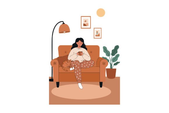 Woman Relaxing on Brown Sofa with Cat
