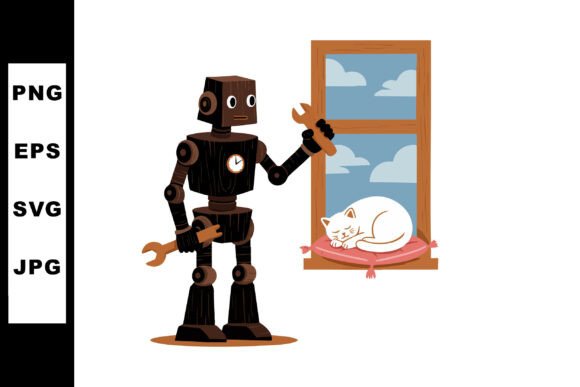 Wooden Robot with Clock Chest Near Windo